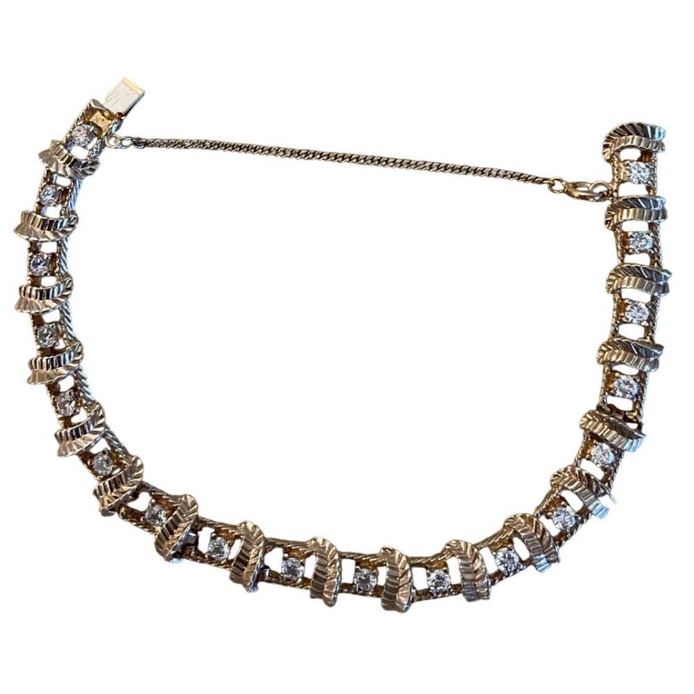Vintage Tennis Bracelet Gold Tone Ribbon Crystal Glam Retro Classic Wedding